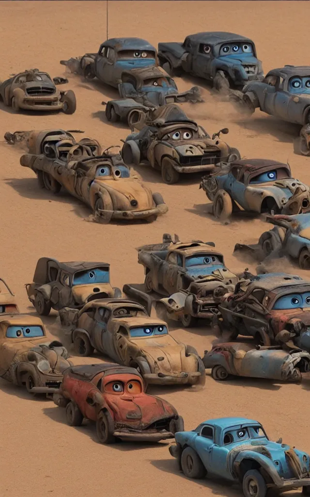 Prompt: pixar cars in the world of mad max fury road