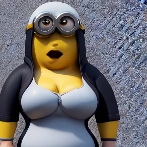 Image similar to big curvy woman kissing minion, super realistic, super detailed, high octane, photorealistic, rendering 8 k, 8 k octane, unreal engine,