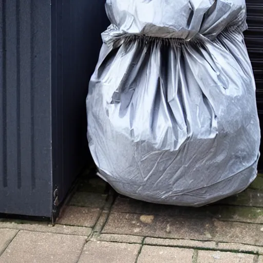 Prompt: Full grey bin bag, tied closed