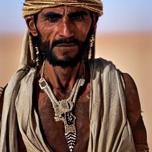 Prompt: detailed photo of an saudi tribesman in tabruk desert, incredibly detailed, highly intricate
