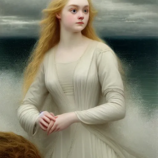 Image similar to Painting of Elle Fanning lost at sea, dark stormy weather, long blonde hair, delicate, pale milky white porcelain skin, by Edmund Leighton. 8K. Extremely detailed.