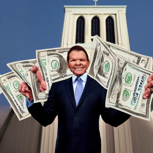 Prompt: kenneth copeland holding dollar bills, performing in front of big church