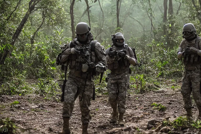 Image similar to Mercenary Special Forces soldiers in grey uniforms with black armored vest in a battlefield in the jungles 2022, Canon EOS R3, f/1.4, ISO 200, 1/160s, 8K, RAW, unedited, symmetrical balance, in-frame, combat photography