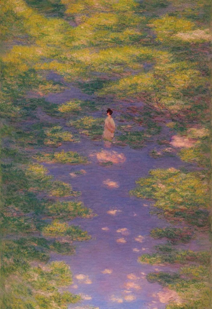 Image similar to tiny character in front of a beautiful japanese country side landscape, amazing ryokan, lofi vibe, vivide colors, amazing light, really beautiful nature, oil painting, impressionist style, by jeremy lipkin, by claude monet, by ghibli, kandinsky touches, multiple brush strokes, masterpiece