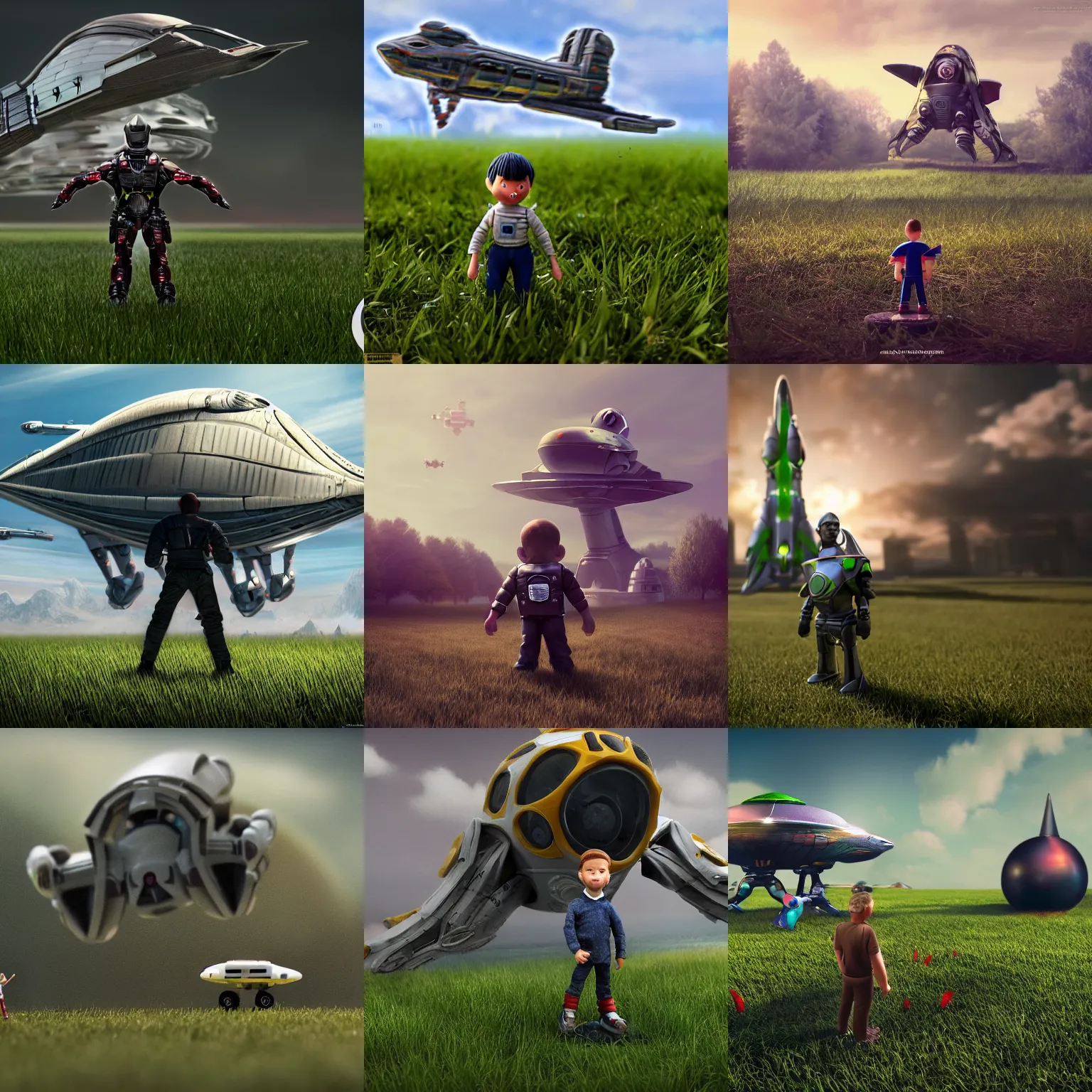Prompt: miniature man in front of giant toy spaceship on a grass field, matte painting, smooth, sharp focus, highly detailed, trending on artstation