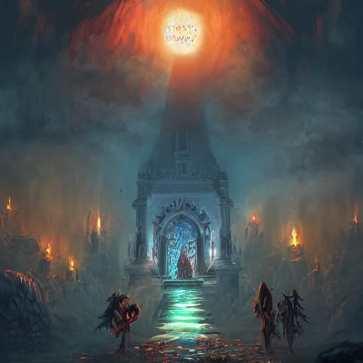 Image similar to necromancer summon minions in dark grave, acrilic paint, digital, artstation, detailed intricate ink illustration, heavenly atmosphere, digital art, overdetailed art, concept art, complementing colors, trending on artstation, cgstudio, the most beautiful image ever created, dramatic, subtle, details, award winning artwork, beautiful scenery