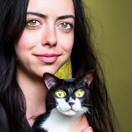 Image similar to a girl with long dark hair, her face is a mix between aubrey plaza, krysten ritter, lucy hale and maisie williams, she is holding a cat in her arms, a stock photo by juan villafuerte, pexels contest winner, high quality photo, rtx, hd, shiny eyes