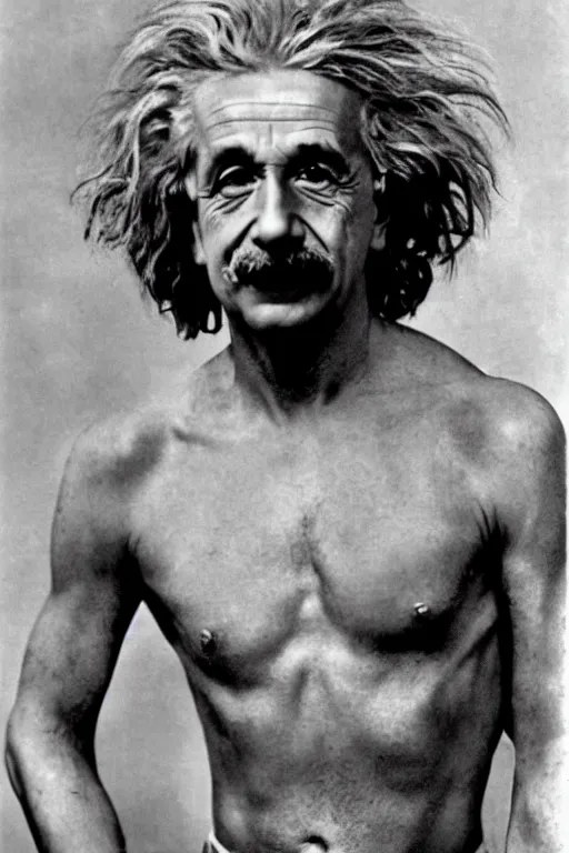 Prompt: colorful photograph of muscular albert einstein