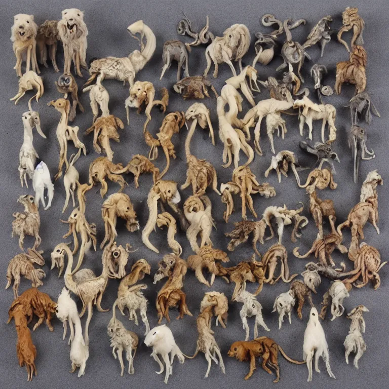 Image similar to hybrid camel dog squid wolf rabbit lion cod wasp swan frog millipede animal set in epoxy