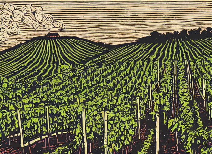 Prompt: wine label, linocut vineyard landscape by greg rutkowski, fine details, highly detailed