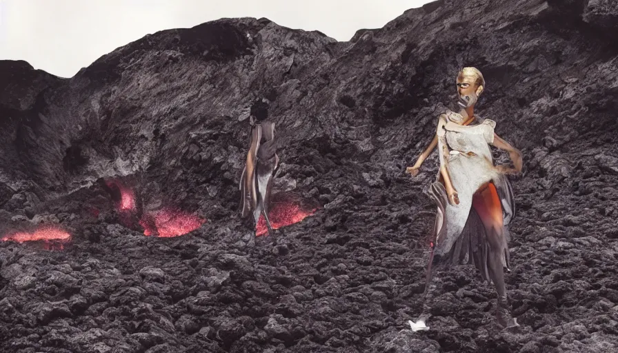 Prompt: A designer fashion Catwalk on a active volcano with lava, Fashion Photography, Octane, Redshift, High Detail