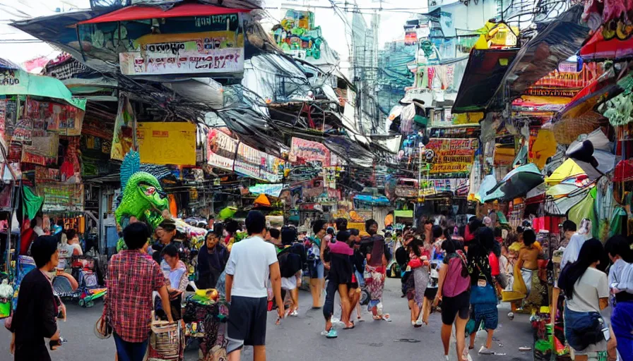 Prompt: a kaiju attack on bangkok street market