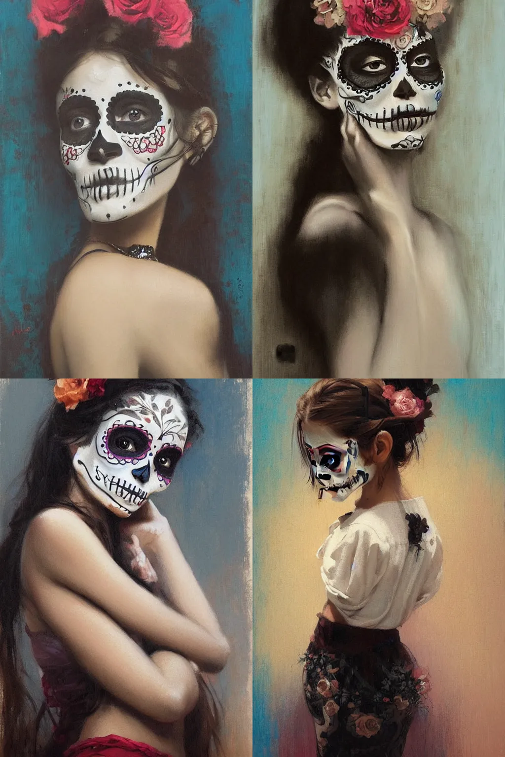 Prompt: Beautiful detailed portrait of a cute Día de los Muertos girl leaning against a fashion poster by Jeremy Lipking, Phil Hale, Casey Baugh, trending on pinterest