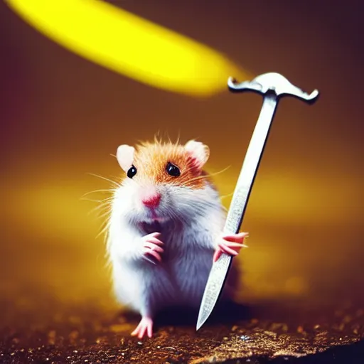 Prompt: “A flawless, fantasy photograph of a small hamster carrying a massive, shiny sword, Ultra HD, 8k resolution, High Quality”