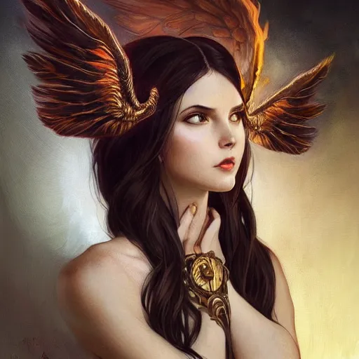 Image similar to a great lucifer, with beautiful wings, beautiful feather, demon horn with fire on head, long dark hair, intricate, elegant, highly detailed, digital painting, artstation, concept art, smooth, sharp focus, illustration, art by artgerm and greg rutkowski and alphonse mucha