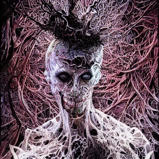 Prompt: keith thompson michael whelan horror art psychedelic trippy gorgeous horror beautiful creepy haunting dzo olivier scott fischer forest of human bodies splattered splashing fractal prismatic apophasis yoji shinkawa apophasis shintaro kago apophasis hyperrealism