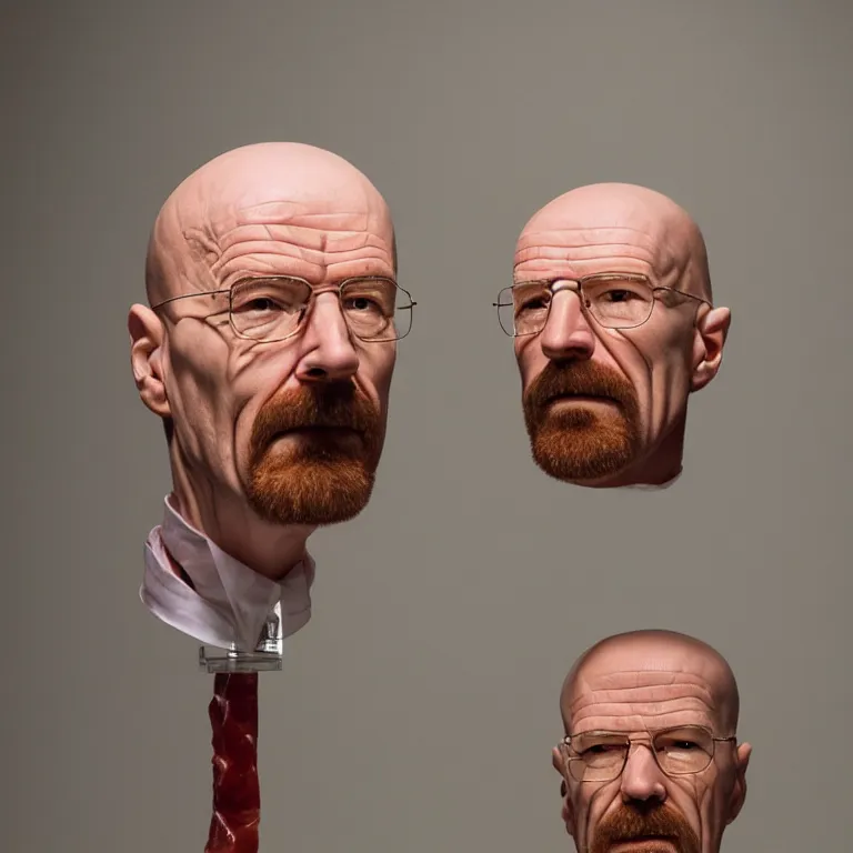 Prompt: hyperrealistic portrait sculpture of a walter white made of prosciutto and capicola and salami on a pedestal by ron mueck and duane hanson and lee bontecou, hyperrealistic dramatic colored lighting trending on artstation 8 k