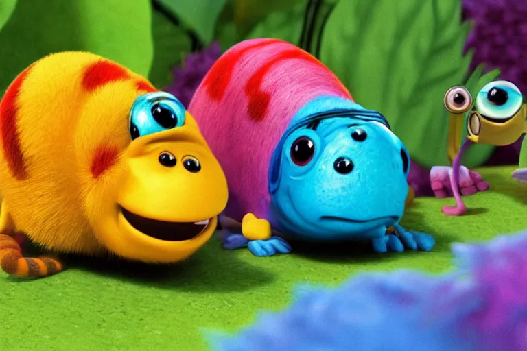 Image similar to disney pixar's a bug's life, cgi caterpillar colorful, furry caterpillar