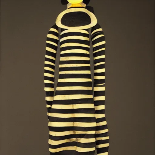 Image similar to an anthromorphic bee woman wearing striped couture made out of wax and paper