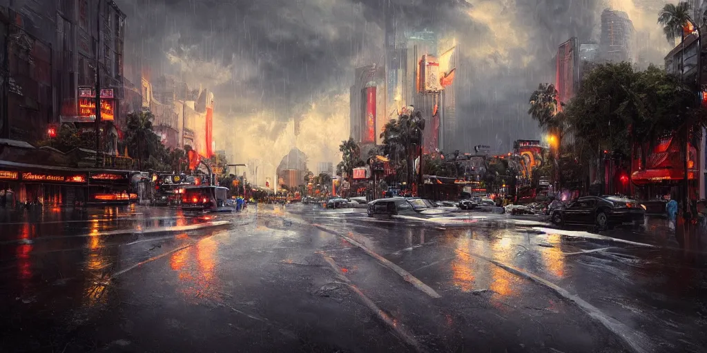 Image similar to hollywood boulevard hit by a biblical flood during a storm, dramatic lighting, beautiful, stunning landscape artwork by artgerm, rutkowski, wlop highly detailed, photorealistic