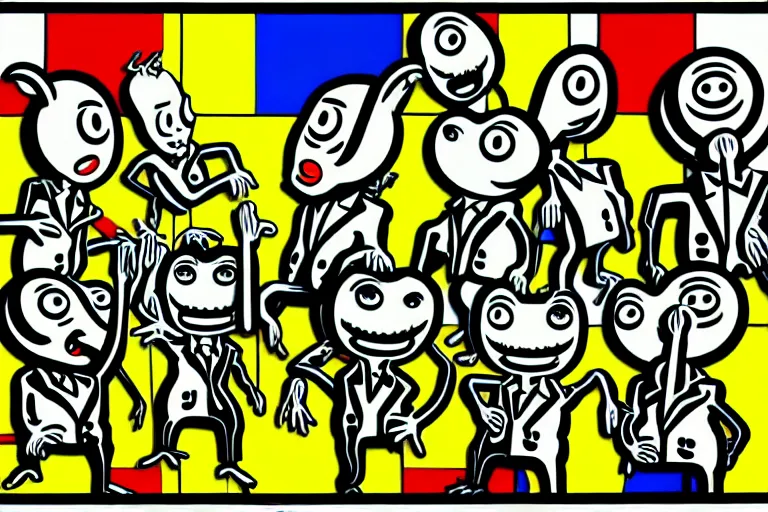 Prompt: anthropomorphic highly detailed wide - angle group portrait of grey cute mr bean goblins looking funny by roy lichtenstein, by andy warhol, ben - day dots, pop art, bladerunner, pixiv contest winner, cyberpunk style, vivid color scheme, high resolution, hd, intricate detail, fine detail, 8 k