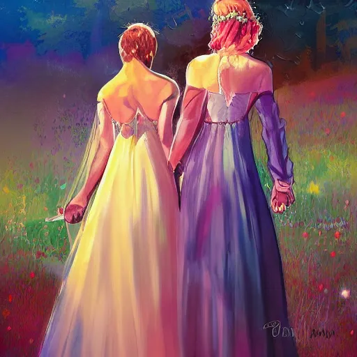 Prompt: lgbt wedding in 1 9 7 0 hippie fashion, digital painting, ultradetailed, artstation, oil painting, ultradetailed, artstation