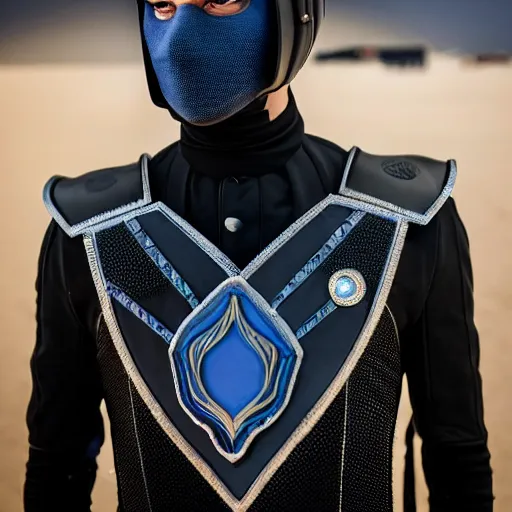 Prompt: medium face shot of adult Austin Butler dressed in futuristic-tudoresque black-prussian blue garb with embroidered-Ram-emblem, and nanocarbon-vest, in an arena in Dune 2021, XF IQ4, f/1.4, ISO 200, 1/160s, 8K, face in-frame