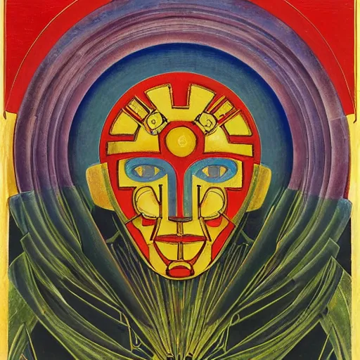 Image similar to portrait of a robot wearing a facemask made of flowers, by annie swynnerton and jean delville and rufino tamayo and edward hopper and evelyn de morgan, art deco flower shaman, art brut, outsider art, symbolist, dramatic lighting, god rays, elaborate geometric ornament, clean crisp graphics, smooth sharp focus, extremely detailed, adolf wolfli