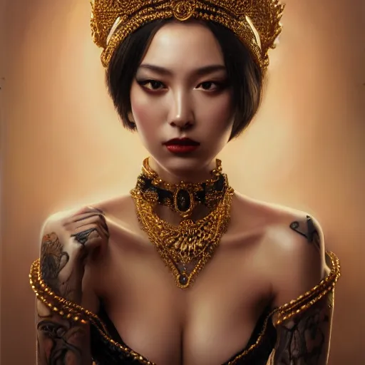 Prompt: expressive oil painting, of alluring european princess, seductive look, smooth glowing skin, glistening body, love, adoration, ornate headpiece of black beads, necklace, choker, glamour shot, tattoos, by yoshitaka amano, by greg rutkowski, by jeremyg lipkinng, by artgerm, digital art, octane render