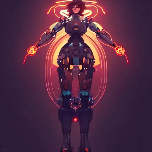 Image similar to a full body character design by artgerm, cushart krenz, ross tran, alphonse mucha. grungy industrial rectangular faceless mech robot wreathed in flame!! bold outline sharp edges. ultra clear detailed. 8 k. elegant, neon colors, dynamic angle, intricate complexity, epic composition, action pose, cinematic lighting masterpiece