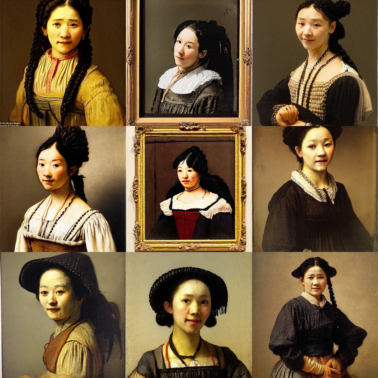 Prompt: a melancholicly (((smiling)) black haired, young hungarian village maid from the 19th century who ((looks very similar to Lee Young Ae)) with a two french braids, detailed, portrait by Rembrandt, Csók István and da Vinci