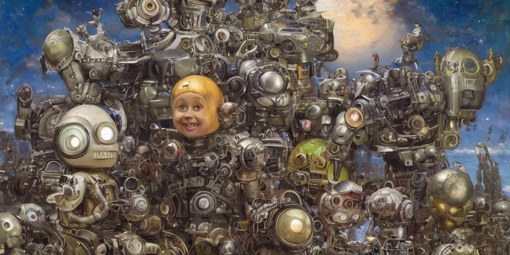 Image similar to many derpy shiny mechanical android robots, Lilia Alvarado, Sophie Anderson, Mark Arian, Bob Byerley, Charlie Bowater, Mark Brooks, Steve Henderson, Justin Gerard, Arthur Hughes, Edward Robert Hughes, Mark Keathley, Victor Nizovtsev, Carlos Shwabe, Ross Tran, WLOP