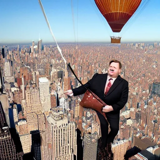 Prompt: Andy Richter wearing a brown suit and necktie riding in the basket of a hot air balloon above nyc