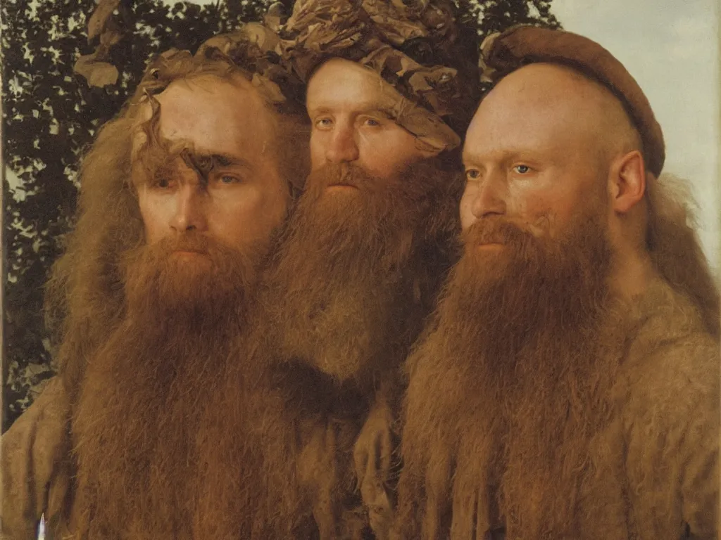 Prompt: portrait of bearded, defiant, sunburned lumberjack. Painting by Jan van Eyck, August Sander.