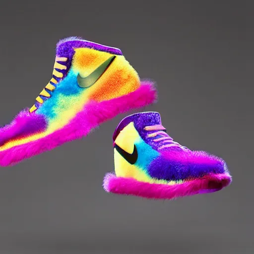 Prompt: poster nike shoe made of very fluffy colorful faux fur placed on reflective surface, professional advertising, overhead lighting, heavy detail, realistic by nate vanhook, mark miner