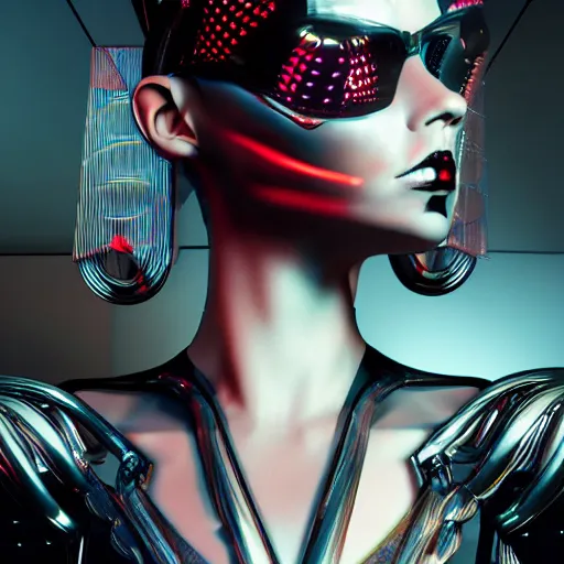 Image similar to evil cyberpunk inspired avant-garde art, deco fashion, highly detailed, photorealistic portrait, bright studio setting, studio lighting, crisp quality and light reflections, unreal engine 5 quality render