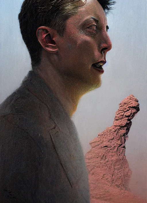 Image similar to A painting of Elon Musk in style of Beksinski. Very detailed