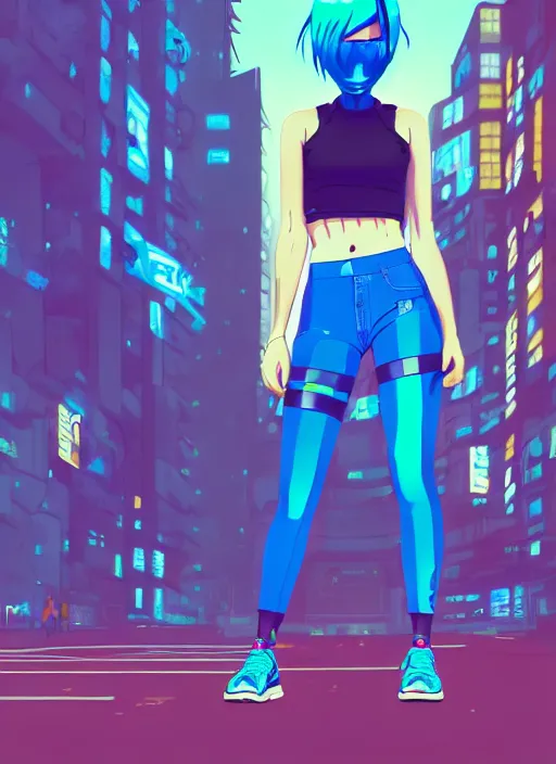 Image similar to digital illustration of cyberpunk pretty girl with blue hair, wearing a crop top and a skirt, wearing nike air mags, full body pose, in city street at night, by makoto shinkai, ilya kuvshinov, lois van baarle, rossdraws, basquiat