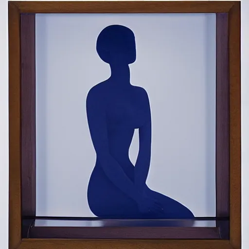 Image similar to A kinetic sculpture of a beautiful young woman seated at a window, looking out at the viewer with a serene expression on her face. The light from the window illuminates her features & creates a warm, inviting atmosphere. The essence of beauty and tranquility. dark blue by George Ault delicate, ghostly