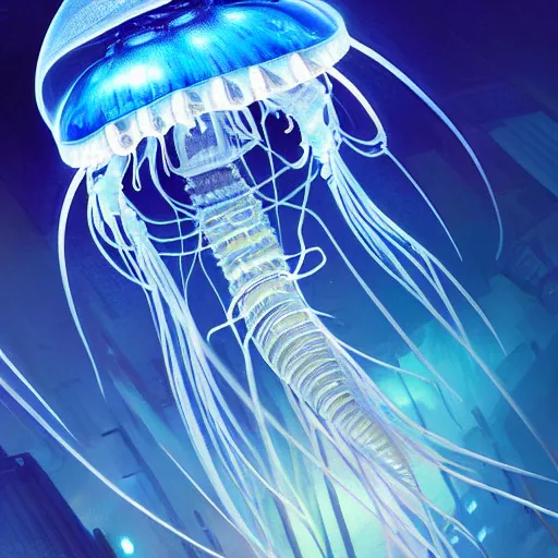 Image similar to Panorama hyper detailed painting of a cyberpunk jellyfish, blue tones, underwater, 8 mm, highly detailed, digital painting, artstation, concept art, smooth, sharp focus, illustration, art by artgerm and greg rutkowski and alphonse mucha W 2000