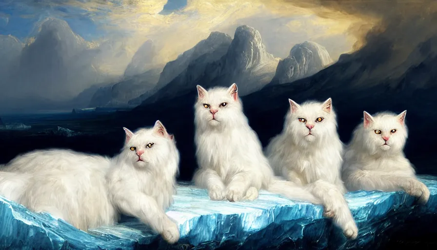 Image similar to highly detailed painting of white giant griffon cat bears with large feathered wings on a blue and white iceberg by william turner, by greg rutkowski, by william constable, thick brush strokes and visible paint layers, 4 k resolution