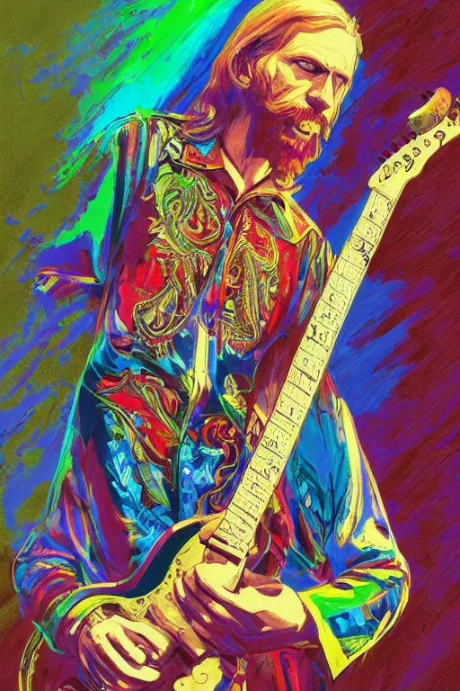 Image similar to a professional painting of Duane Allman, in brightly colored psychedelic shirt, long hair, beautiful bone structure, symmetrical facial features, intricate, elegant, digital painting, concept art, smooth, sharp focus, illustration, from StarCraft by Ruan Jia and Mandy Jurgens and Artgerm and William-Adolphe Bouguerea, epic, stunning, gorgeous, intricate detail, much wow, 4K, masterpiece, trending on artstation