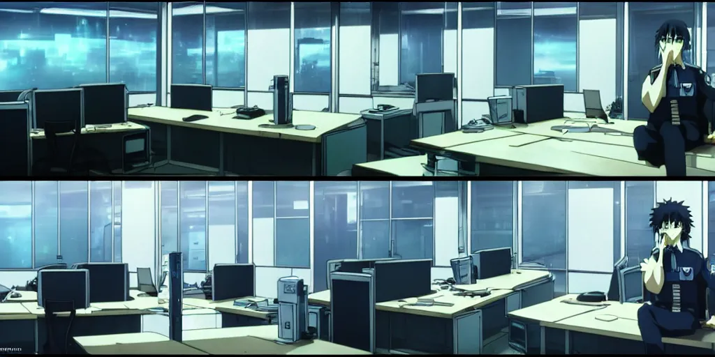 Image similar to an empty after hours cyberpunk police office office in the cyberpunk anime film, Shichiro Kobayashi, screenshot in the anime series ergo proxy ergo proxy ergo proxy and Detroit metal city, interior