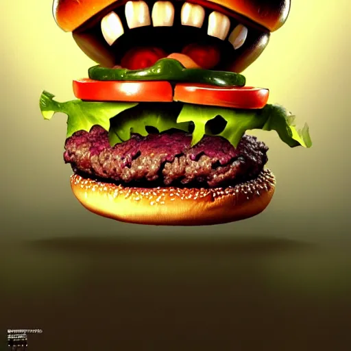 Image similar to a monster with a head like a hamburger, burger with human eyes, burger with human mouth, teeth, very detailed eyes, french fries as arms, character concept art, fantasy, intricate, fantasy drawing, illustration, highly detailed, hyperrealistic, cgsociety, artstation, oil painting by greg rutkowski, by artgerm