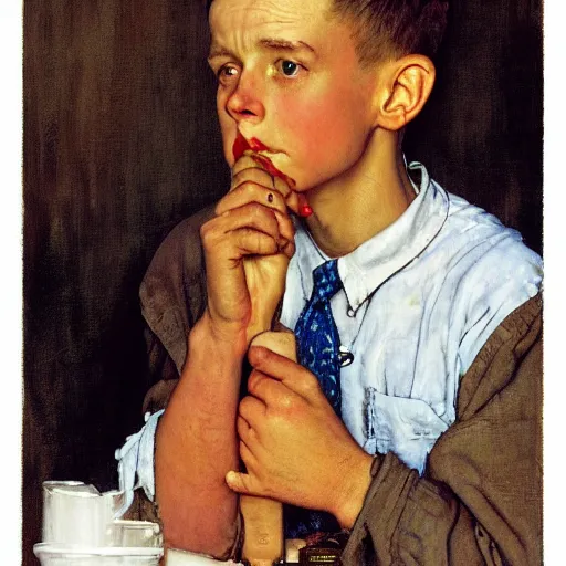 Image similar to A sad boy, artwork by Norman Rockwell, cinematic view, high quality