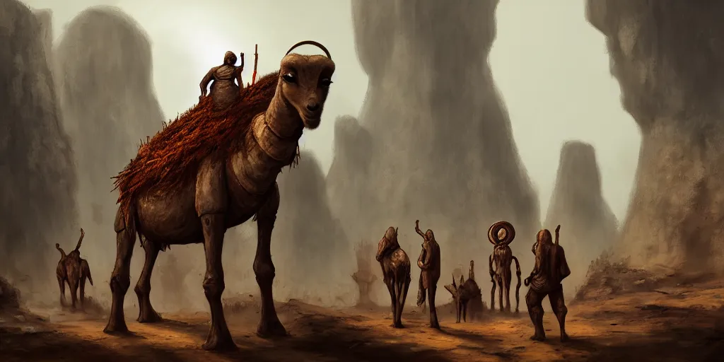 Prompt: bipedal humanoid dromedary as village merchants, temple city, caves of qud, matte oil painting, chrome, cathedral, retrofuturistic, concept art, science fantasy, mutant, rpg, epic, rust, salt, jungle, dungeons & dragons, sharp focus, award - winning, extremely detailed, 4 k, 8 k