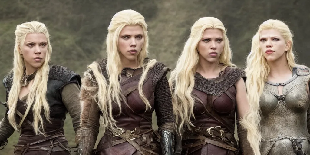 Image similar to Scarlett Johansson and Katheryn Winnick, with a scar and white hair, in the TV series Vikings