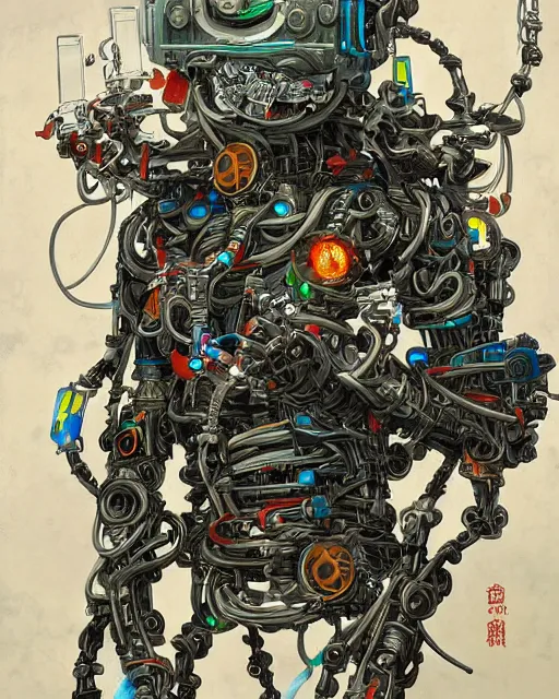 Image similar to Kuniyoshi portrait of a robot saint made of cables and robotic pod by peter mohrbacher