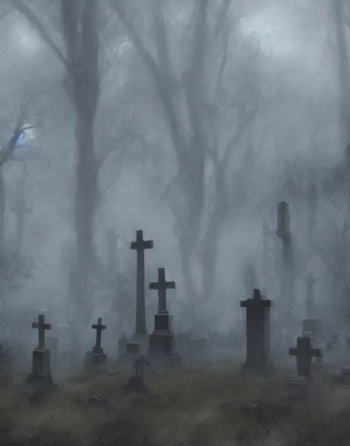 Image similar to , a gloomy cemetery with fog by craig mullins, concept art, artstation, trending on instagram, 8 k, ultra detailed, award winning,