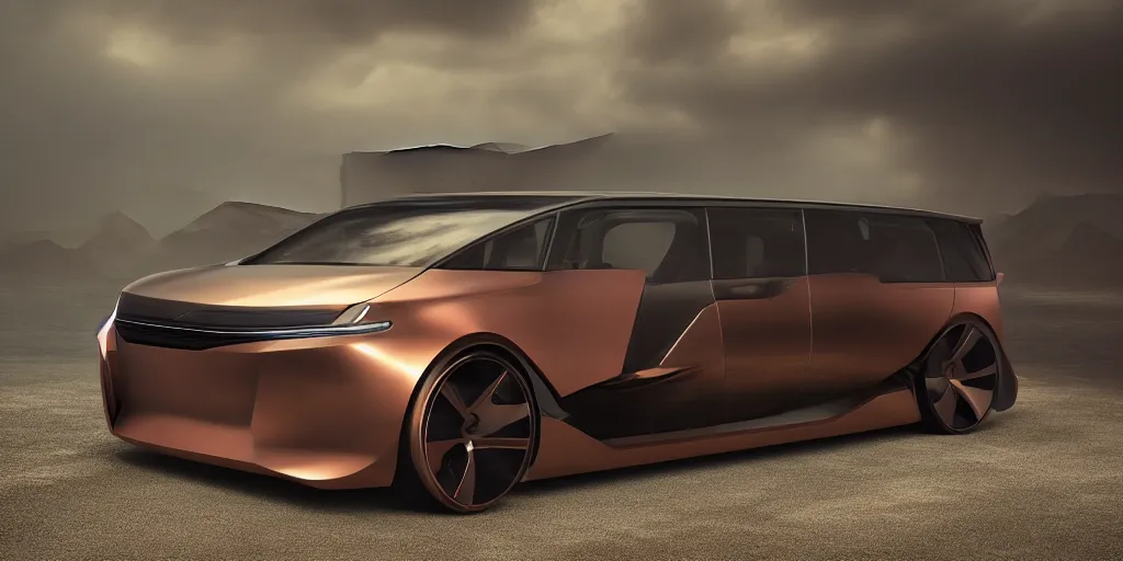 Prompt: a design of a futuristic minivan, designed by Polestar, blade runner background, stained antique copper car paint, black windows, dark show room, dramatic lighting, hyper realistic render, depth of field